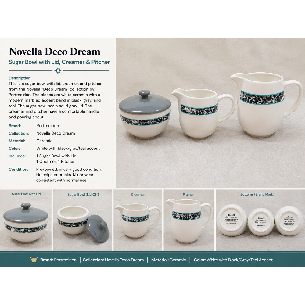 Portmeirion Novella Deco Dream Teapot‎ White Blue Marble Band Ceramic Tea Pot